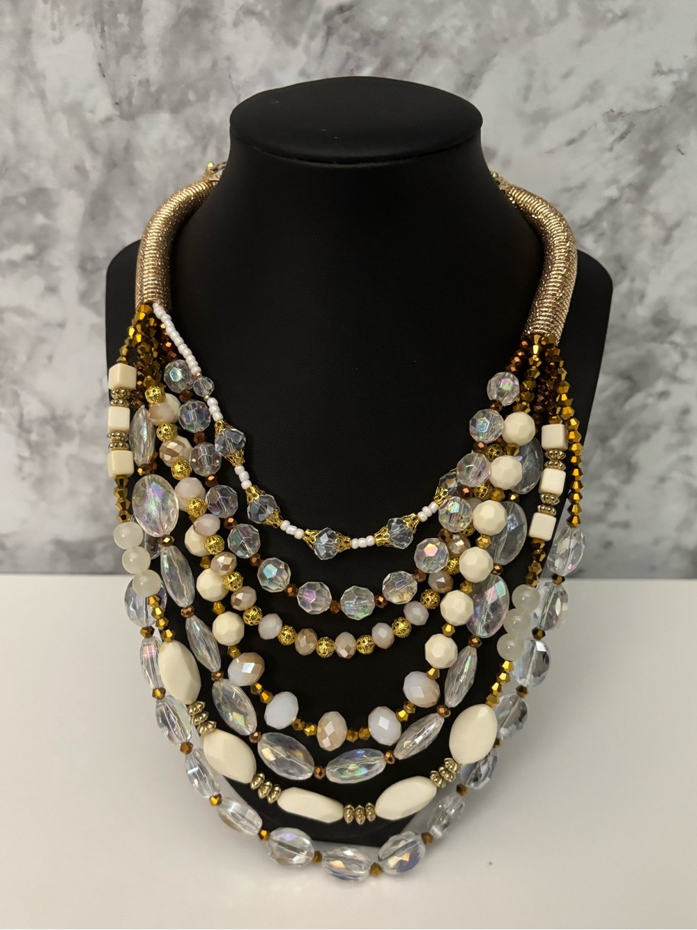Multi-Strand White and Gold Statement Necklace Set